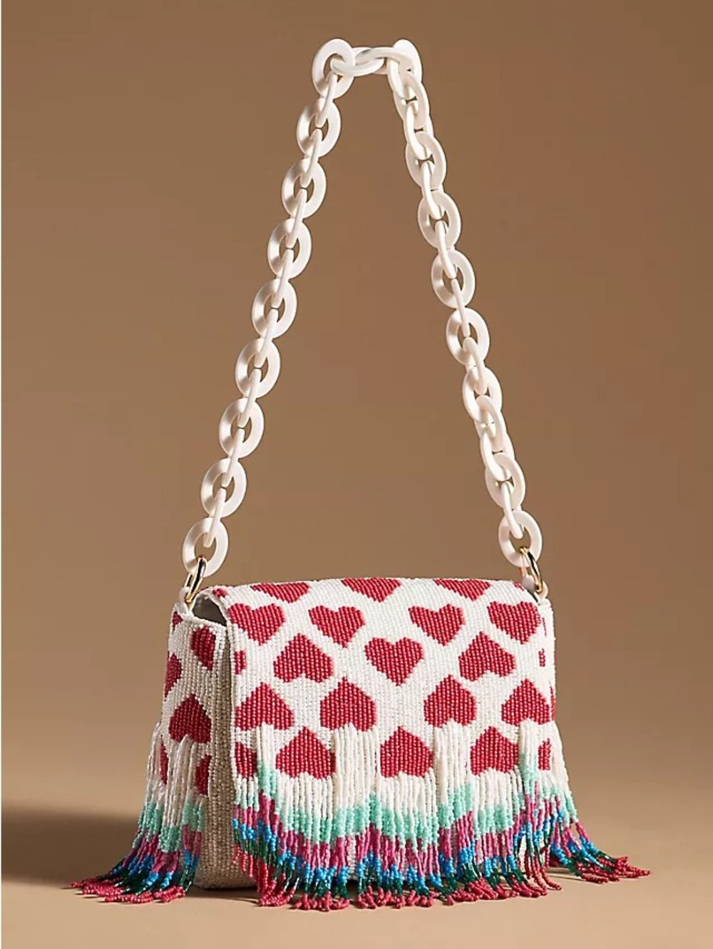 NWT new Anthropologie Beaded Heart Fringe Shoulder Bag red white blue purse